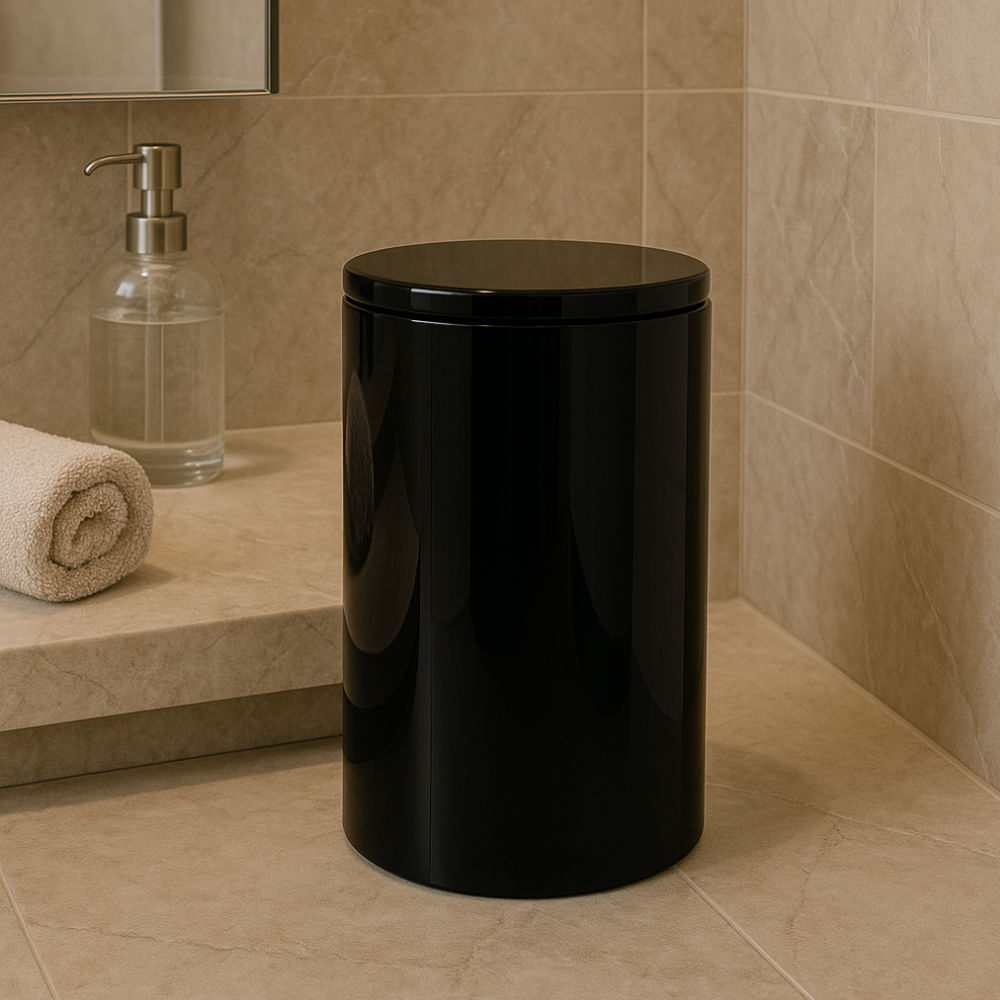 Lixeira com Tampa Redonda Soft Close Preto Brilhante Banho Mais